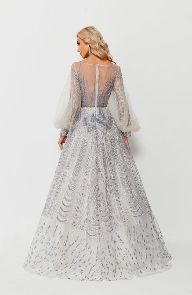 Beaded and embroidered A-line dress with a high neckline and sleeves