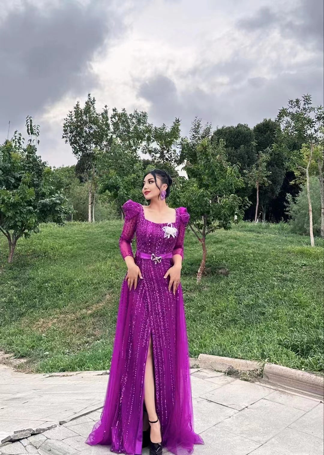 Long-sleeves straight Full-length Dress With a Square neckline and Stone Embellishments