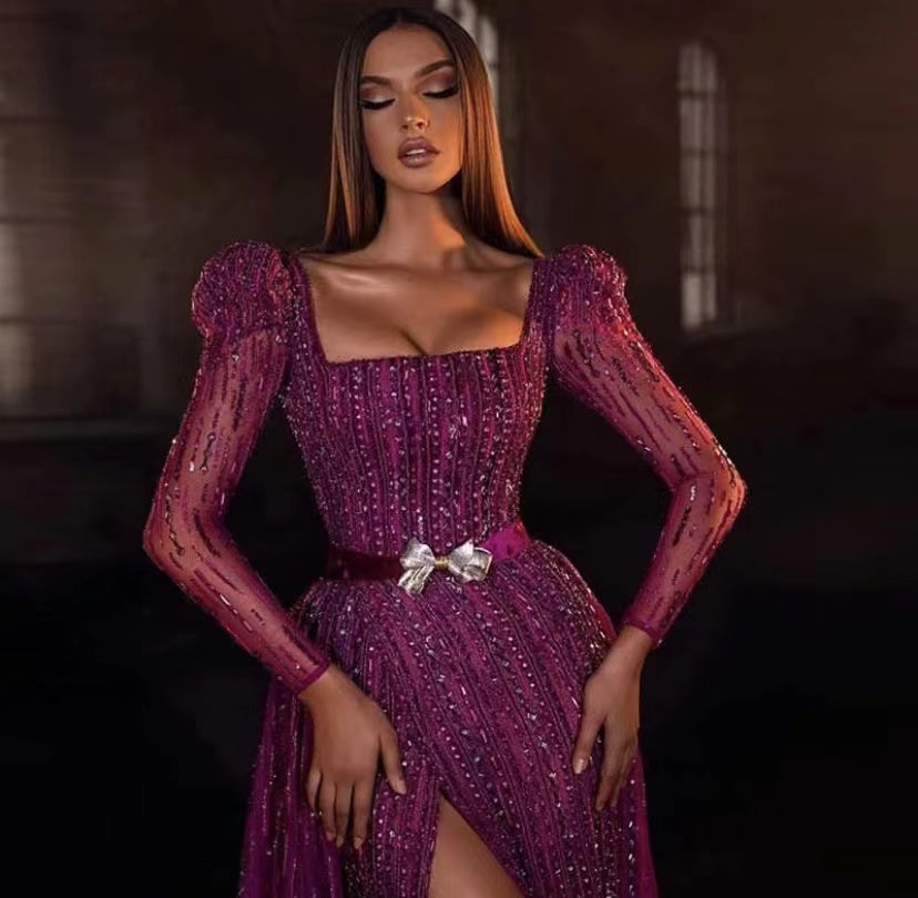 Long-sleeves straight Full-length Dress With a Square neckline and Stone Embellishments