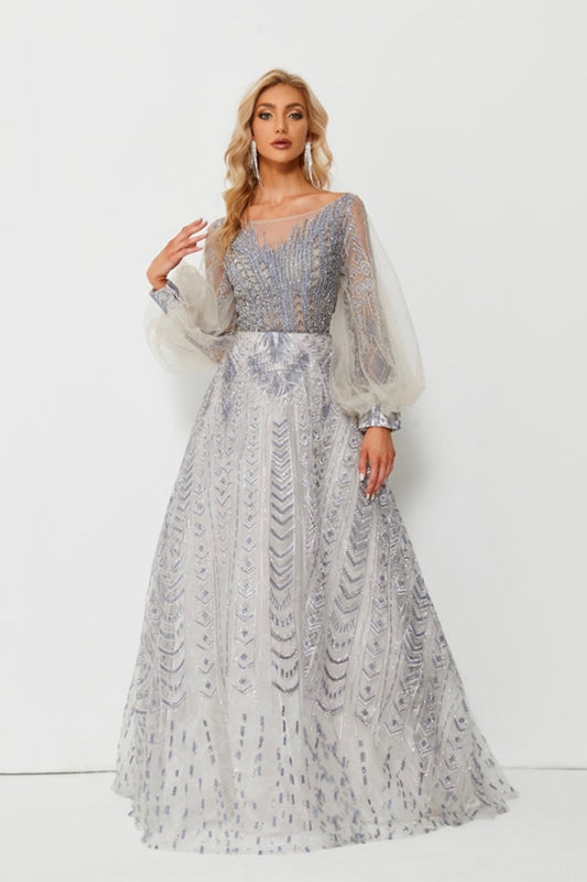 Beaded and embroidered A-line dress with a high neckline and sleeves